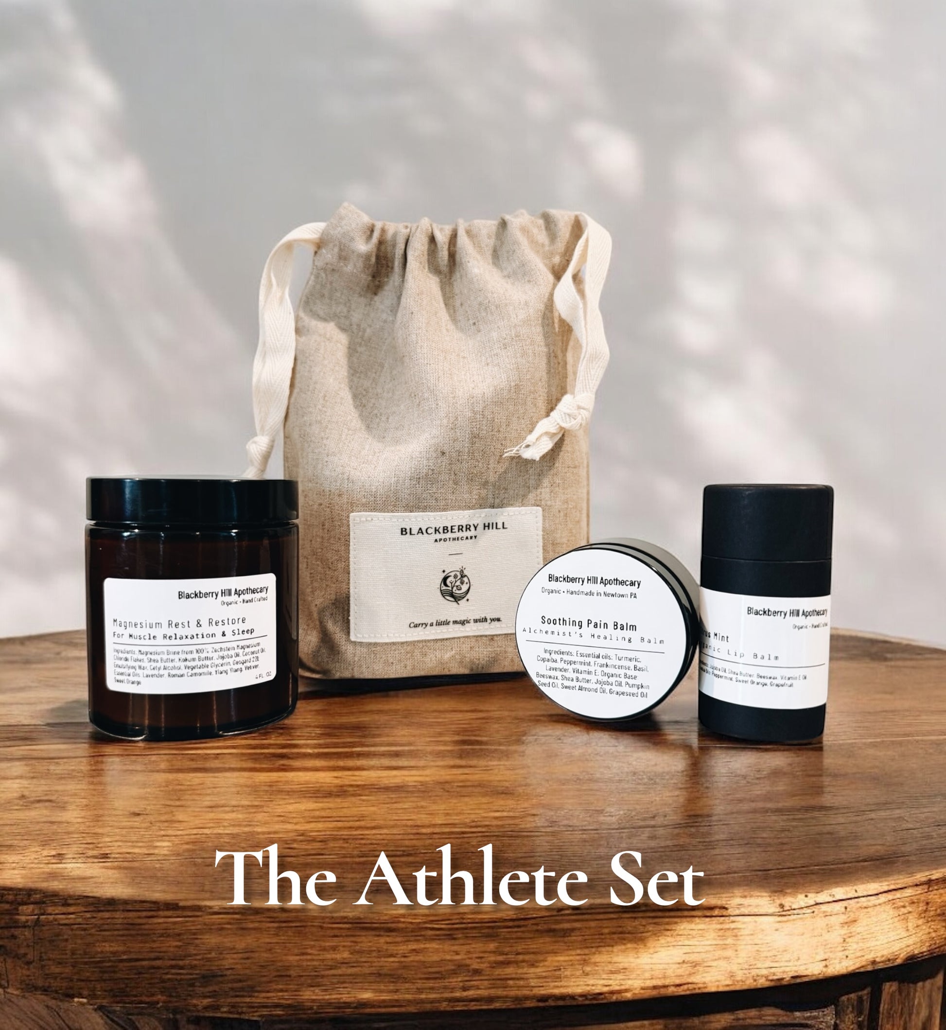 Athlete Set with various products on a wooden surface
