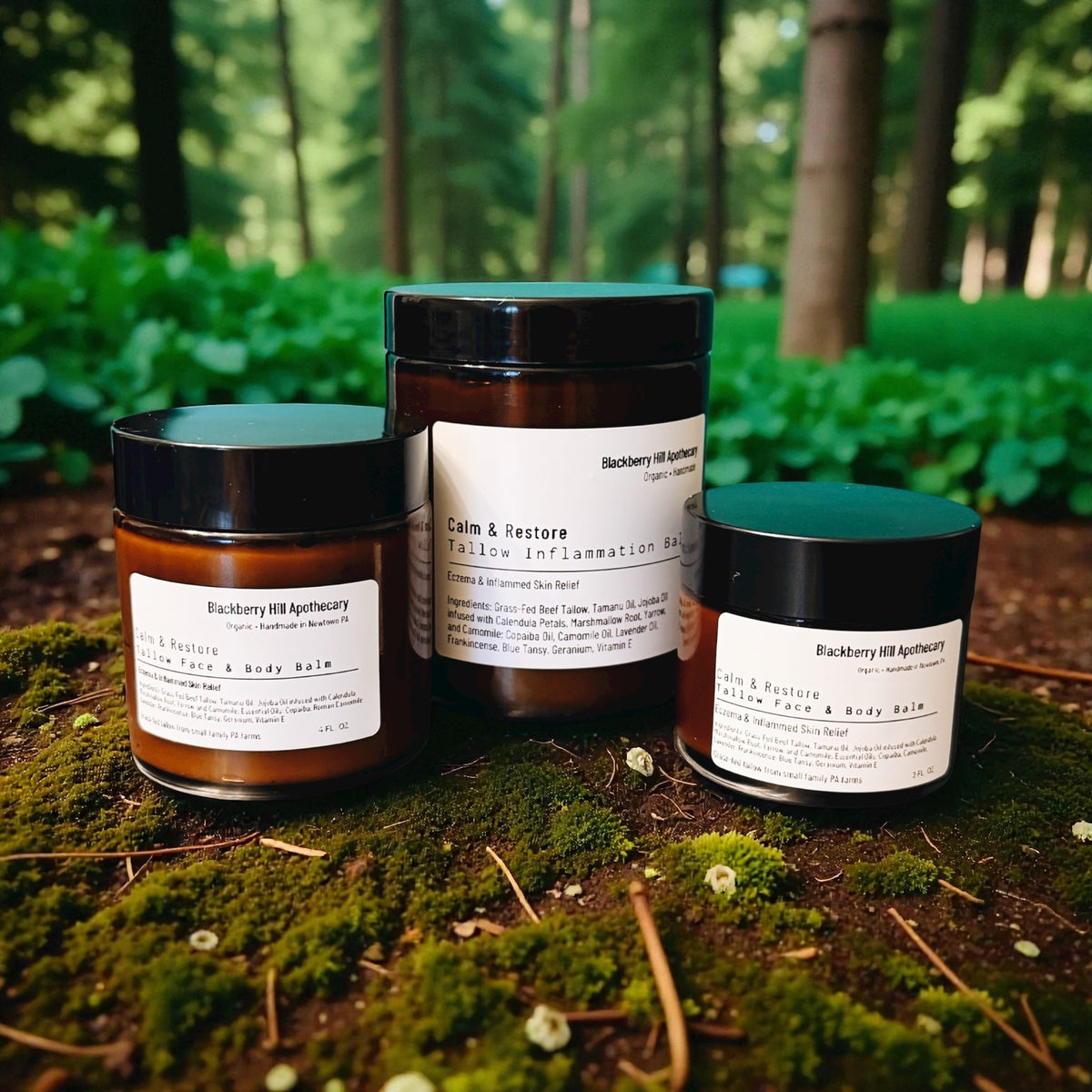 Three amber glass jars of Blackberry Hill Apothecary body care products, including a Calm & Restore Yellow Inflammation Gel and two Soaks, arranged on mossy forest ground with a blurred woodland background.