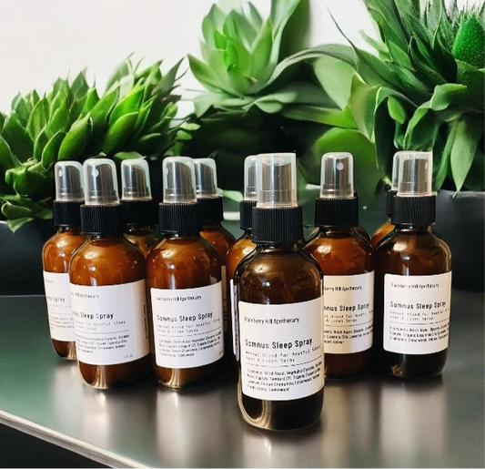 Row of amber glass bottles with black sprayers on a reflective surface with green plants in the background