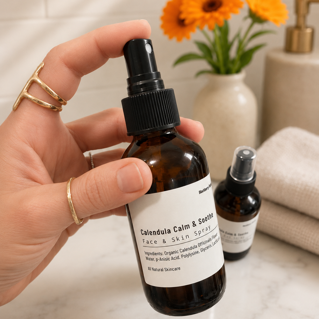 A hand holds a small amber glass spray bottle labeled 'Calendula Calm & Soothe Face & Skin Spray' in a bright bathroom setting. A second similar bottle sits on a folded towel in the background, with orange flowers in a vase behind it.